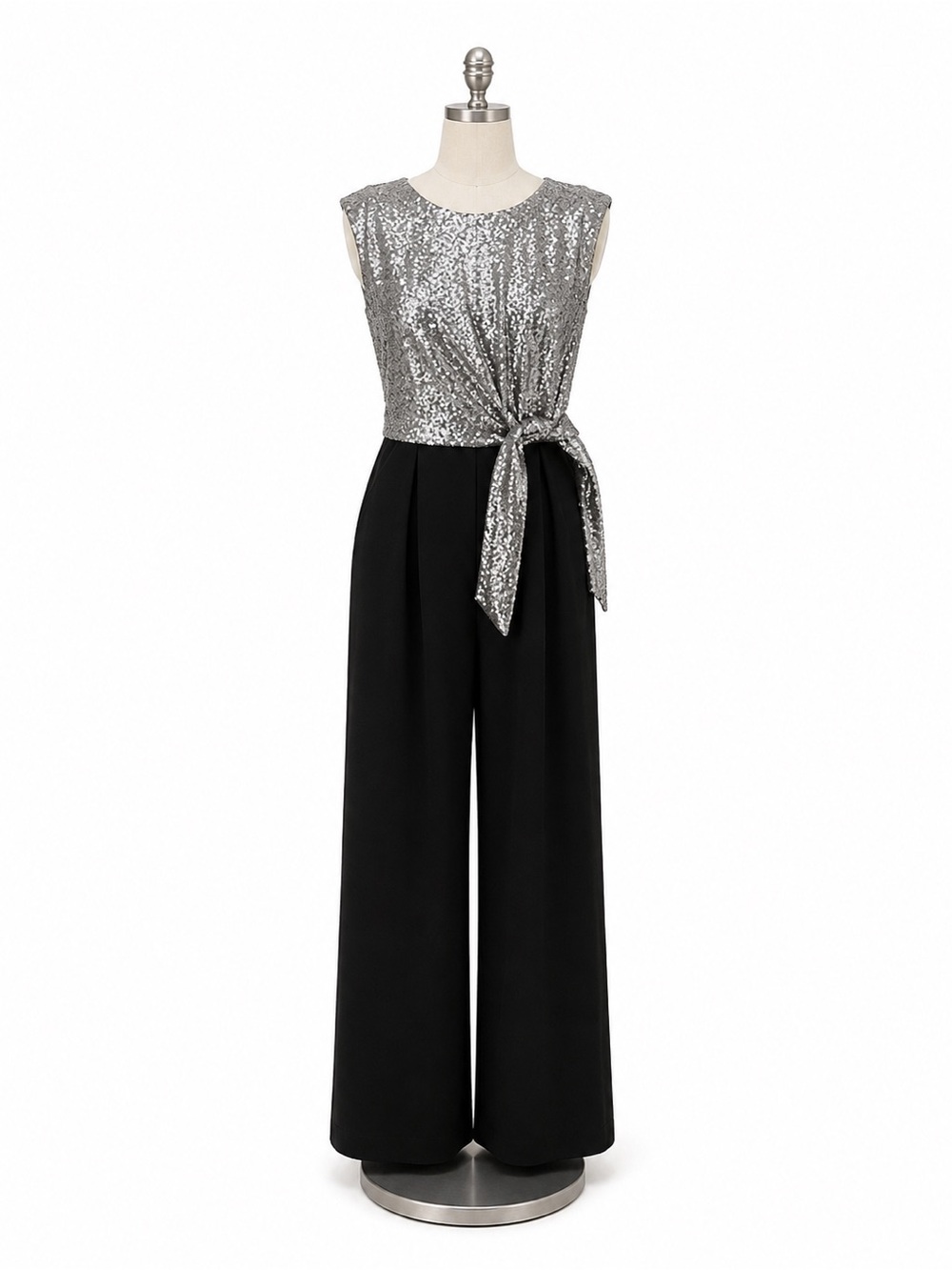 Tahari ASL Silver Sequin Formal Jumpsuit Wide leg Pockets Size 10 Wedding Guest